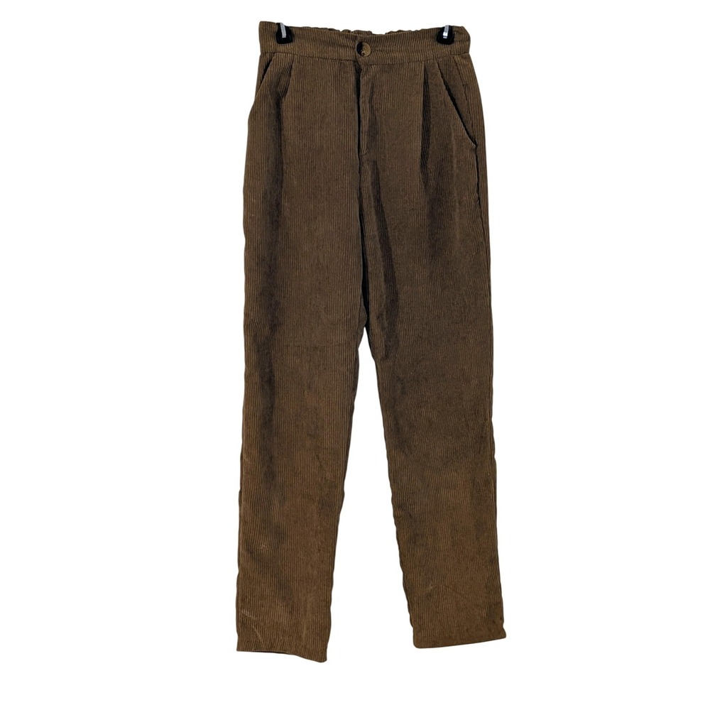 Zenana Womens High Waisted Corduroy Pleated Pants Brown Tapered Small‎ Comfy